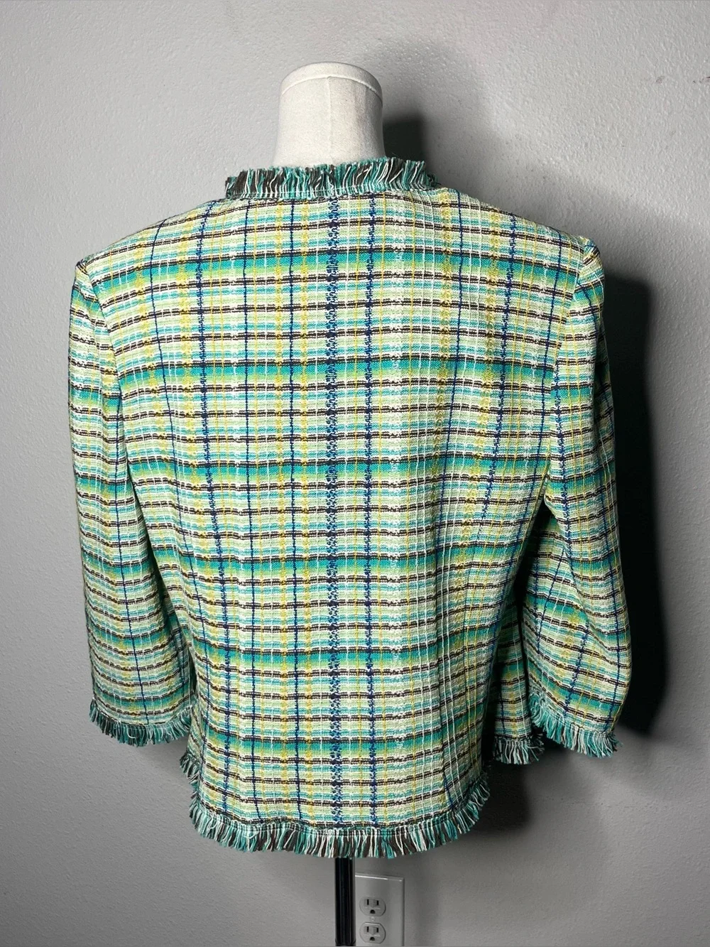 St John Green Plaid Tweed Novelty Knit Zip Up Cardigan Jacket - Picture 3 of 7